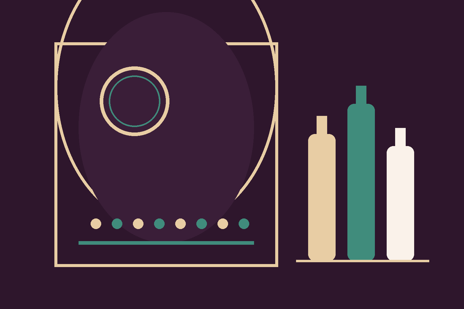 Illustrative concept art: champagne arch and lacquer shapes on deep plum with a jade accent line